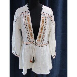 Sundance Embroidered Tassel Tie Open Front Bohemian Shirt/Top Womens  Sz S Used